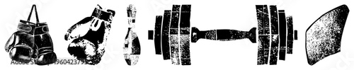 Classic boxing gloves, bowling pin, barbell, and weight plate rendered in halftone style, gym equipment, sports vector graphics, fitness symbols, athletic.