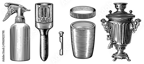 Retro grooming tools and tea vessel, vintage hair dryer, spray bottle, ceramic cup, ornate samovar, engraved detailing, classic.