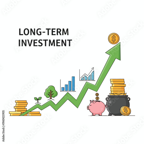 Ascending graph shows growth from sapling to tree with coins and savings