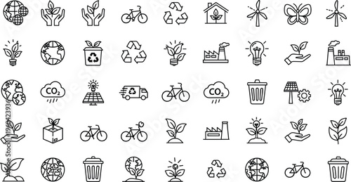 Ecology and green energy icon set with recycling symbols, wind turbines, solar panels, carbon dioxide clouds, bicycles, and growing plants for sustainability.