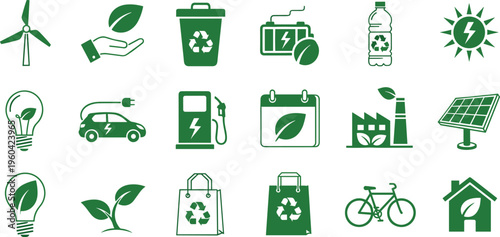 Renewable energy and eco friendly lifestyle icon set featuring wind turbine green house solar panel electric car recycle bin and organic growth symbols.