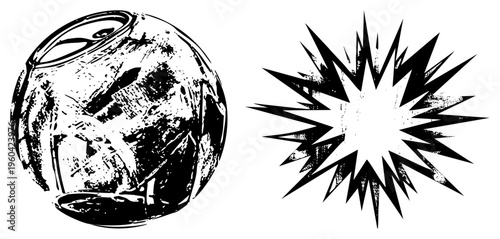 Distressed soda can illustration with torn texture, paired with bold comic explosion graphic, both in high contrast black and white, ideal for retro or graphic design projects.