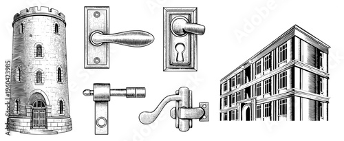 Antique stone tower, ornate door handles, vintage locks, classical building facade engraved vector set, historical design elements, architectural.