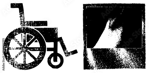 Disability accessibility symbols, wheelchair, hand gesture, textured halftone graphic, accessibility sign, inclusive design, user support.