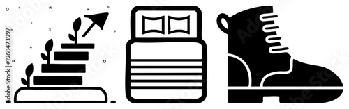 Stacked books with sprouting plants symbolizing education and growth, striped bed for restful sleep, rugged hiking boot for outdoor adventure. Minimalist vector.