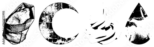 Four stylized vector sack,, swirl, drop rendered in halftone dot,, graphic design elements, isolated foreground.