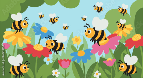 A group of bees flying around colorful flowers in a lush green garden outdoors.
