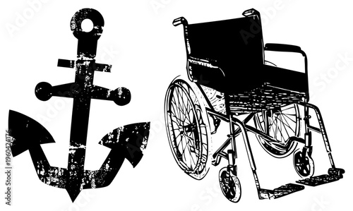 Nautical anchor symbol and mobility wheelchair graphic, illustration, distressed ink style, accessibility, maritime emblem.