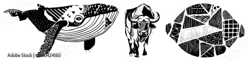 Stylized whale, bull, and fish with intricate geometric, bold art, tribal inspired design, vector illustration, graphic symbols.