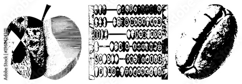 Black and white halftone vector art featuring abacus beads and coffee bean shapes, stylized geometric, isolated graphic elements for design use.