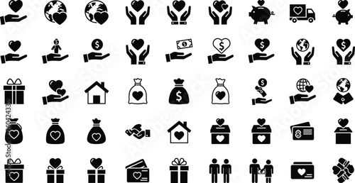 Donation and charity icon set featuring hearts, hands, money bags, piggy banks, gift boxes, and global volunteer symbols for non-profit organizations.
