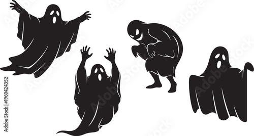 Black silhouette ghost vector art with spooky figures, eerie dark design for Halloween decorations