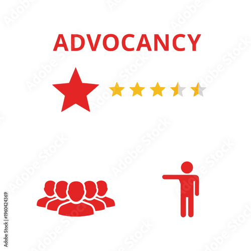 Digital icon set illustrating the core principles of advocacy, showcasing top-tier customer feedback, collective community support, and influential leadership figures