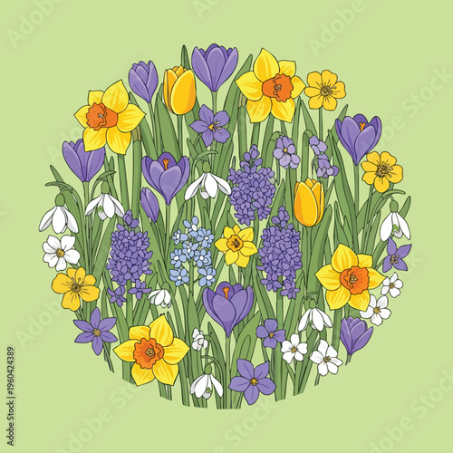 A circular arrangement of blooming spring flowers on a pale green background