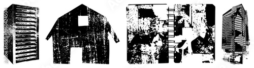 Four architectural rendered in gritty halftone server rack, barn, industrial ruin, skyscraper. Urban decay meets digital vector art. Abstract building forms with textured grain.