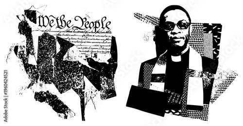 Stylized halftone graphic of clergyman with glasses and clerical collar, juxtaposed with fragmented “We the People” text, both rendered in high contrast geometric.