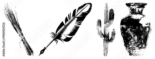 Black and white halftone vector illustrations of quill pen, feather, saguaro cactus, and textured vase, classic graphic design elements for or vintage branding.