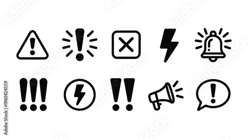 Doodle attention warning icon vector set, hand drawn caution signs, exclamation marks, error alerts, and important notification symbols for UI, apps, and safety design