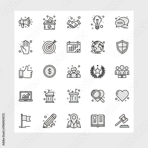 A Comprehensive Set of 25 Versatile Glyph Icons Representing Business, Technology, Communication, and Success Concepts for Digital and Print Applications
