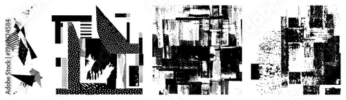 Fragmented black and white graphic art with halftone, angular forms, and high contrast textures, ideal for modern design or print.