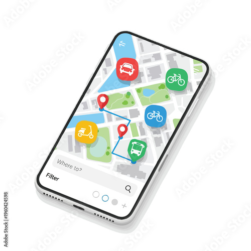 Smartphone displays a city map with route and transportation options