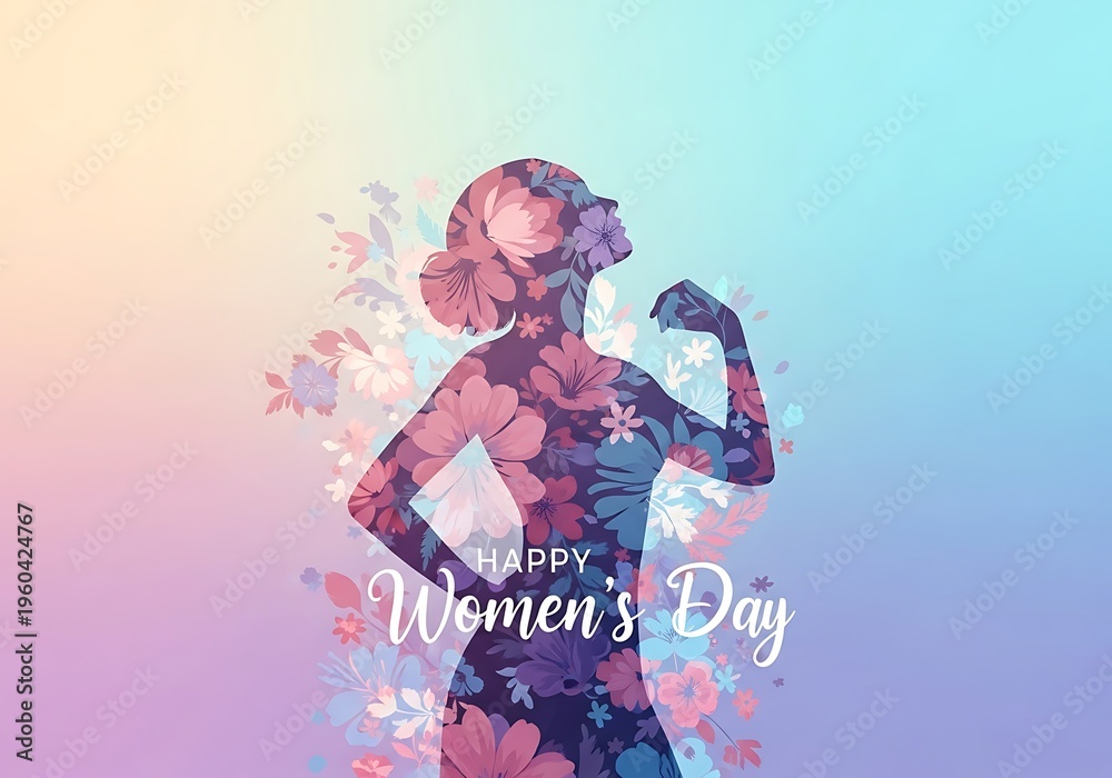 Fototapeta premium Vibrant illustration of a woman celebrating womens day with colorful flowers and gradient background