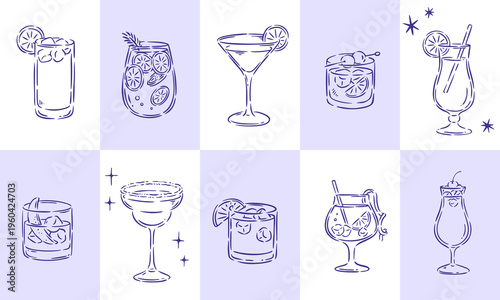 Cocktail Glass Hand Drawn Set, Whimsical Bar illustration