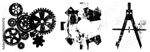Industrial gear cluster, mechanical cog assembly, drafting compass tool, grunge texture, engineering, technical drawing instrument, vector silhouette set.