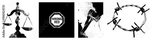 Scales of justice, wrong red sign, gavel, barbed wire circle symbols of law, mistake, power, and restriction. vector silhouettes.