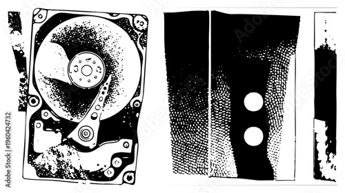 Retro tech relics internal hard drive platter and cassette tape, stylized halftone dots, digital nostalgia, obsolete storage, vector graphic.