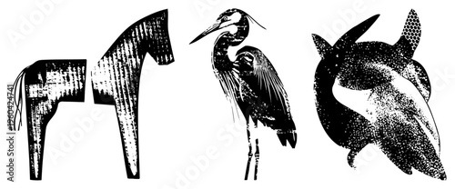 Stylized animal silhouettes rendered in halftone texture, vintage woodcut style, vector graphics, isolated wildlife, artistic print design elements.