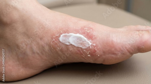 Foot Skin Showing a Dry Peeling Condition on the Instep Receiving Topical Treatment with a White Cream