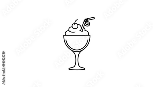 Minimalist Line Art Icon of a Cocktail with Cherry and Straw