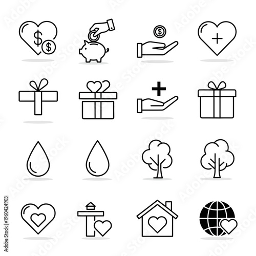 Collection of charity and donation icons including hearts, gifts, piggy bank, trees, and money symbols, perfect for representing giving and generosity