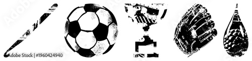 Grunge sports hockey stick, soccer ball, trophy, glove, pine cone. Retro graphics, distressed textures, bold black and white.