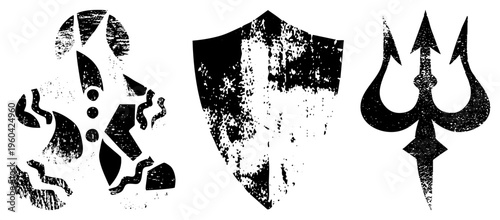Grunge style vector featuring trident, shield, and demonic mask, ideal for design, game assets, or occult themed projects. Stylized symbols with distressed texture.