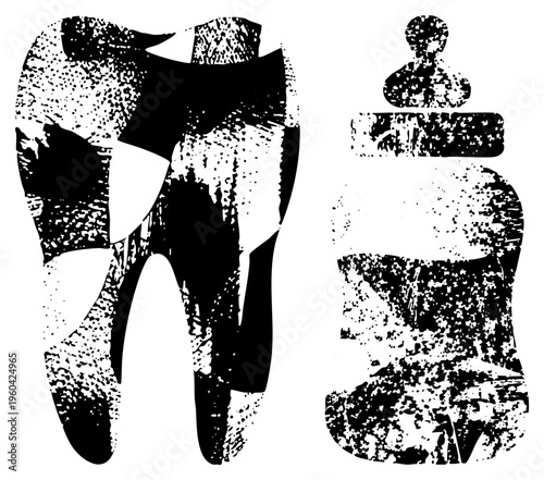 Black and white halftone tooth and toothbrush with gritty texture, dental hygiene symbols, isolated graphic, medical illustration style.