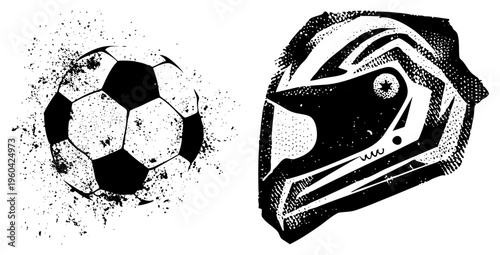 Black and white vector featuring a soccer ball and motorcycle helmet, stylized with gritty halftone splatter. Sport gear symbols, athletic and adventure motifs.