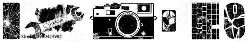 Broken phone screen, titanium wrench tool, retro film camera, internal hard drive, computer keyboard and mouse tech repair elements in gritty vector.