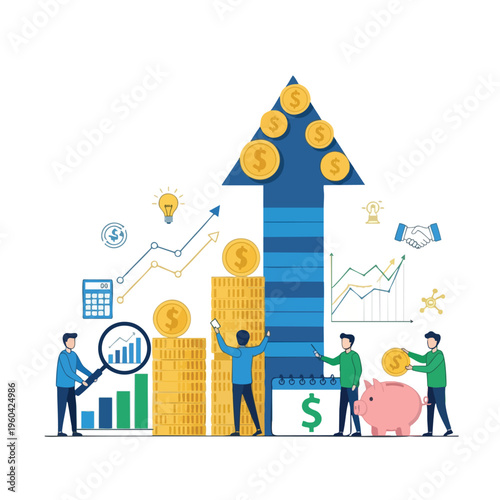 People working together with coins, charts, and upward arrow symbolizing financial growth