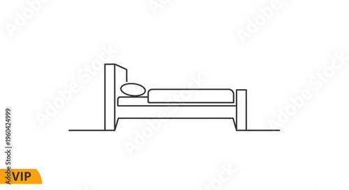 Minimalist line art icon of a simple bed with pillow and blanket, clean design