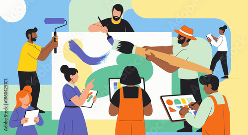 Artists collaboratively painting a large mural with vibrant colors in a community event