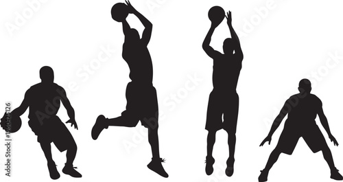 Black silhouette basketball vector art with dribbling, dunking, shooting and defense players, bold sport design