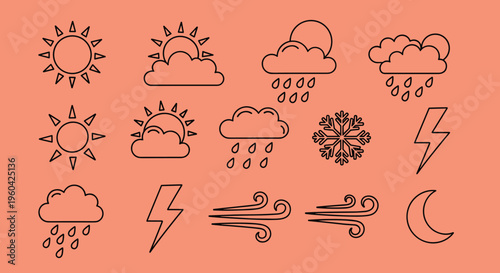 A simple graphic illustration of sunny and rainy weather symbols on a peach background, conveying changing weather conditions.