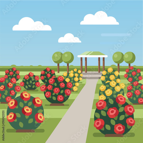 A serene park scene with a path leading to a gazebo, surrounded by rose bushes