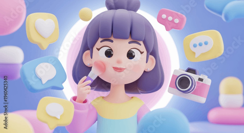 Cute 3D Girl Applying Makeup with Social Media Icons and Camera