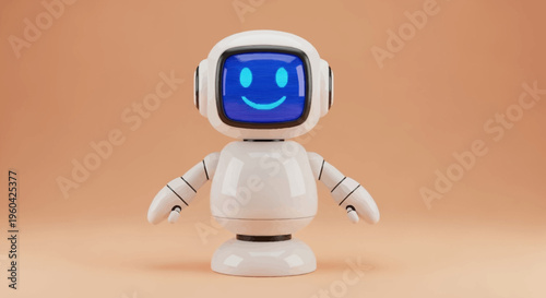Cute friendly robot with a smiling face on a plain background