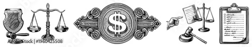 Courtroom featuring gavel, justice scales, legal document, and ornate dollar sign badge, representing law, finance, and judicial.