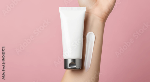 Hand with Skincare Cream Tube and Swatch - Beauty and Personal Care Product