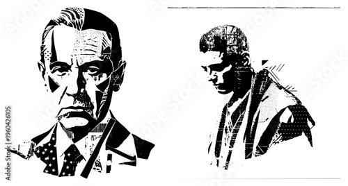Stylized male portraits rendered in high contrast halftone, graphic illustration, vector art, isolated figures,, bold, political or.